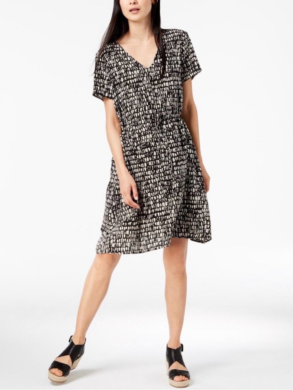 Eileen Fisher Seraglio Printed Silk Mini Dress Black/Beige Medium V-Neck